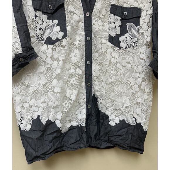 Badgley Mischka Blue White Lace Button Down Chambray Shirt Cowboy Carter Western - Picture 8 of 14